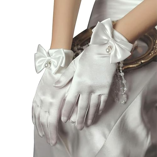YUISI Ladies Lace Gloves/Bridal Wedding Lace Satin Gloves/White Princess Gown Gloves for Women, White Wedding Gloves for Masquerade, Party (A) - Image 1