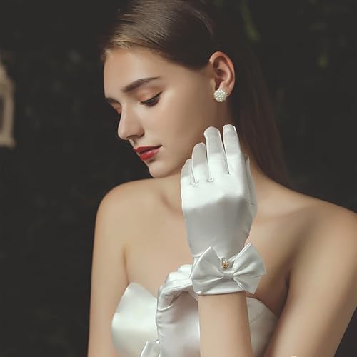 YUISI Ladies Lace Gloves/Bridal Wedding Lace Satin Gloves/White Princess Gown Gloves for Women, White Wedding Gloves for Masquerade, Party (A) - Image 2
