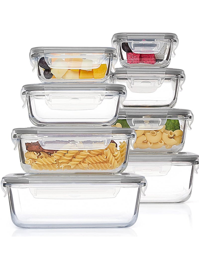 Raxoom 8 Pack Glass Meal Prep Containers with Leak Proof Locking Lids, Airtight Food Storage Containers for Microwave, Oven, Freezer and Dishwasher, BPA Free, Grey - Image 1