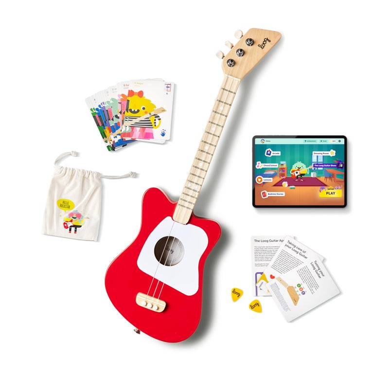 Loog Mini Acoustic kids Guitar for Beginners 3strings Ages 3 Learning app and lessons included Red