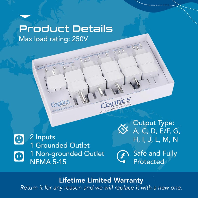 Ceptics World Travel Adapter Set - 2 in 1 USA to Europe, Asia, Africa, India, Japan, Australia, Brazil, China, Israel and more - 11 Pack - Safe Grounded - Works with Cell phones, Laptops, Chargers - Image 2