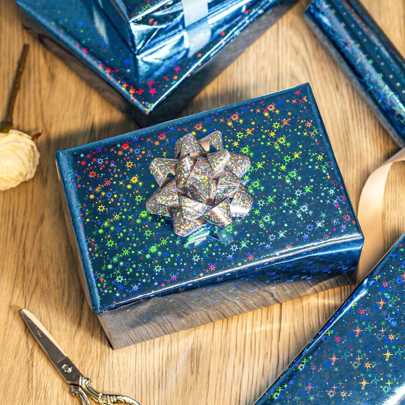 Merture Blue Holographic Wrapping Paper Roll, Blue Space Gift Wrap with Shining Galaxy Design for Birthday, Baby Shower, Christmas, Father's Day, Weeding - 17 In X 32.8 Ft (46.5 sq.ft.) - Image 3