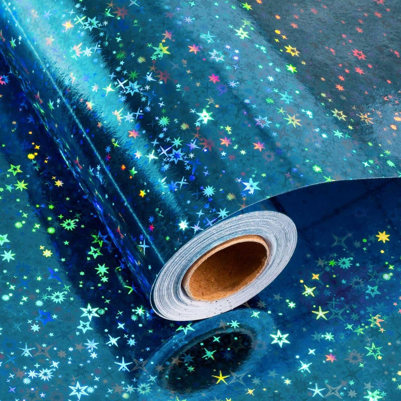 Merture Blue Holographic Wrapping Paper Roll, Blue Space Gift Wrap with Shining Galaxy Design for Birthday, Baby Shower, Christmas, Father's Day, Weeding - 17 In X 32.8 Ft (46.5 sq.ft.) - Image 1