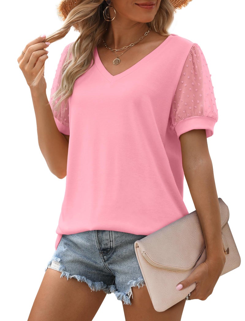 Aokosor Light Pink Easter Shirts for Women Dressy Casual Puff Short Sleeve Tunic Tops 2025 L - Image 2
