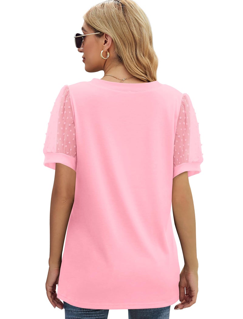 Aokosor Light Pink Easter Shirts for Women Dressy Casual Puff Short Sleeve Tunic Tops 2025 L - Image 4