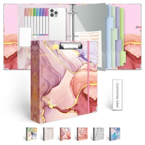 BVSSX 3 Ring Binder 2 Inch, Three Ring Binders Organizer with Clipboard, 5-Tabs Pockets Dividers, Plastic Folder, 18 Divider Stikers, BVSSX Pink Decorative Binder with Pen Loop (Pink Marble, Letter Size) - Image 1
