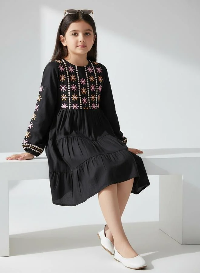 Bella Moda Girls Long Sleeve Embroidered Tiered Midi Dress