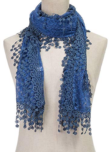 Tan's Women's lightweight Feminine Lace teardrop fringe Vintage Mesh Crochet Tassel Scarf for Women (Denim Blue with Fringes) - Image 2