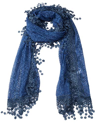 Tan's Women's lightweight Feminine Lace teardrop fringe Vintage Mesh Crochet Tassel Scarf for Women (Denim Blue with Fringes) - Image 1