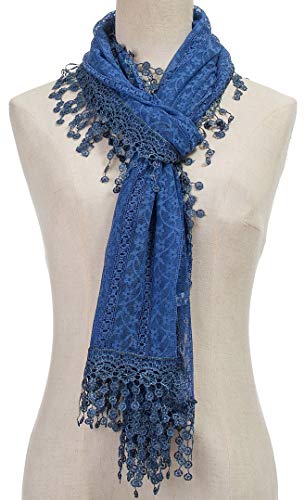 Tan's Women's lightweight Feminine Lace teardrop fringe Vintage Mesh Crochet Tassel Scarf for Women (Denim Blue with Fringes) - Image 3