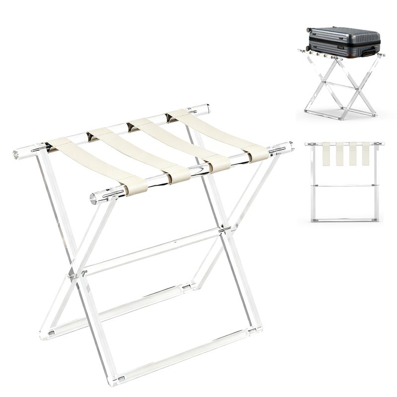 Verssure Acrylic Luggage Rack for Guest Room,Folding Luggage Rack with Leather Straps,Holds up to 120 lbs Suitcase Stand for Bedroom, Living Room and Hotel (Beige Leather) - Image 1