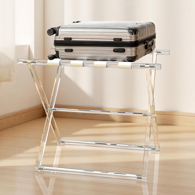 Verssure Acrylic Luggage Rack for Guest Room,Folding Luggage Rack with Leather Straps,Holds up to 120 lbs Suitcase Stand for Bedroom, Living Room and Hotel (Beige Leather) - Image 2