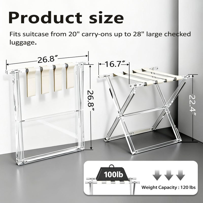 Verssure Acrylic Luggage Rack for Guest Room,Folding Luggage Rack with Leather Straps,Holds up to 120 lbs Suitcase Stand for Bedroom, Living Room and Hotel (Beige Leather) - Image 3