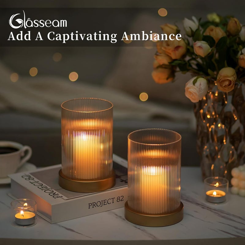 Glasseam Hurricane Glass Candle Holder Set of 2 - Gold Ribbed Glass Cylinder with Metal Tray - Image 4