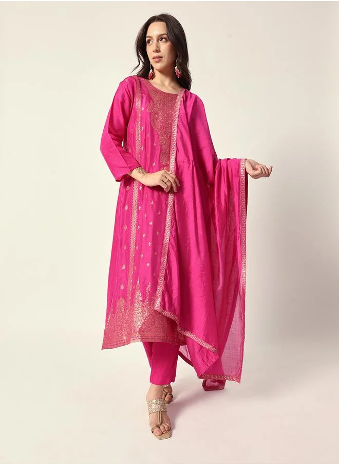 آي شين Women's Purple Silk Textured Tunic Full Palazzo Regular Fit Kurta Set