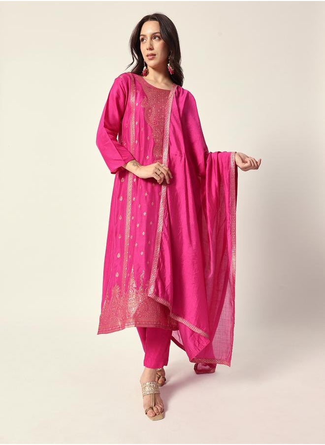 ISHIN Women's Purple Silk Textured Tunic Full Palazzo Regular Fit Kurta Set  - Image 1