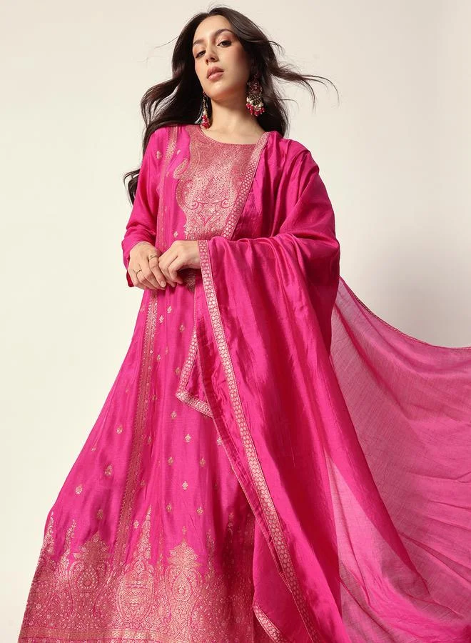 ISHIN Women's Purple Silk Textured Tunic Full Palazzo Regular Fit Kurta Set