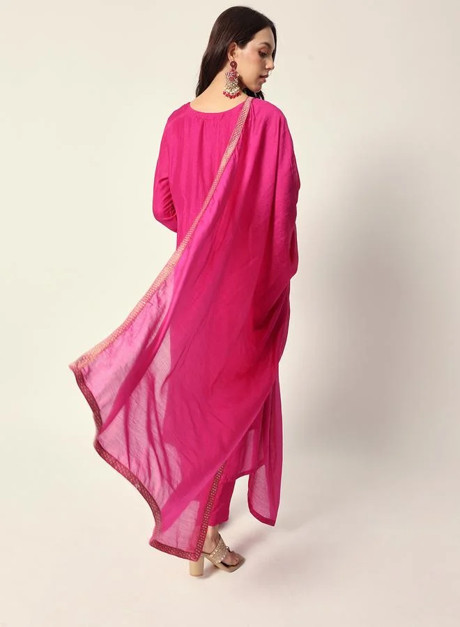 ISHIN Women's Purple Silk Textured Tunic Full Palazzo Regular Fit Kurta Set