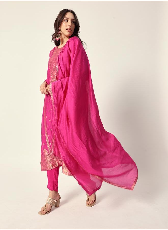 ISHIN Women's Purple Silk Textured Tunic Full Palazzo Regular Fit Kurta Set  - Image 5