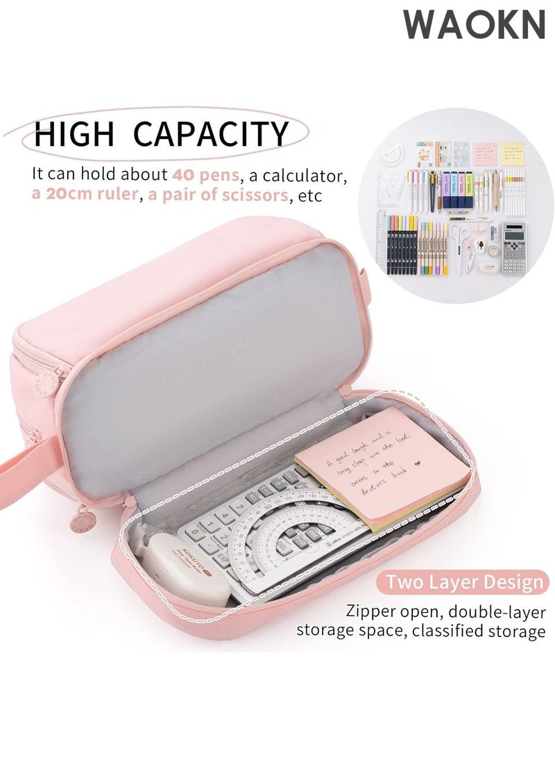 دبليو أيه أو كي أن حافظة أقلام رصاص بسعة كبيرة جدًا - حقيبة تنظيم متعددة الفتحات بأربعة أقسام للمدرسة والمكتب - حامل أدوات مكتبية أنيق بسحاب إغلاق - يتسع لأكثر من 100 قلم وعلامة وعلامة تمييز - حقيبة أقلام رصاص من القماش المتين للمراهقين/البالغين (وردي) - Image 3