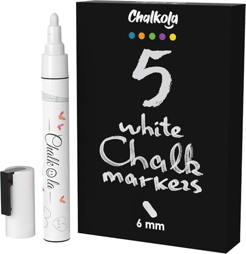 Chalkola White Chalk Markers for Blackboard, Chalkboard Sign, Window, Bistro, Car, Glass (5 Pack 6mm) - Liquid Chalkboard Markers Erasable - Paint Chalk Pens Washable Ink Reversible Tip - Image 1