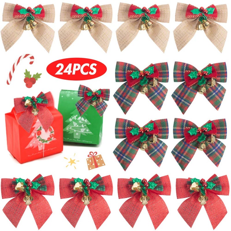 JOHOUSE 24pcs Christmas Bows with Iron Bells Wreath Christmas Tree Decoration Gifts 31  31 inch