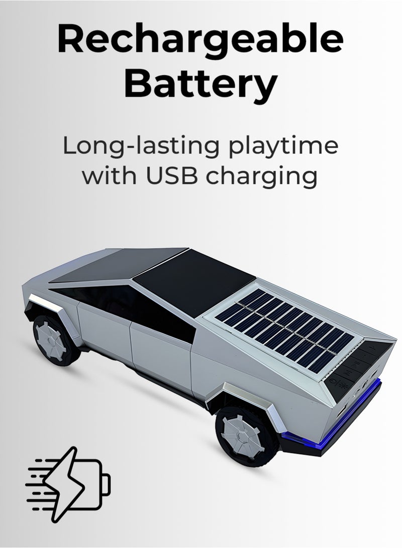 Charome Cybertruck Solar Speaker (Silver) 10W Power, LED Light, FM, AUX, TF Card, Solar Charging - Image 3