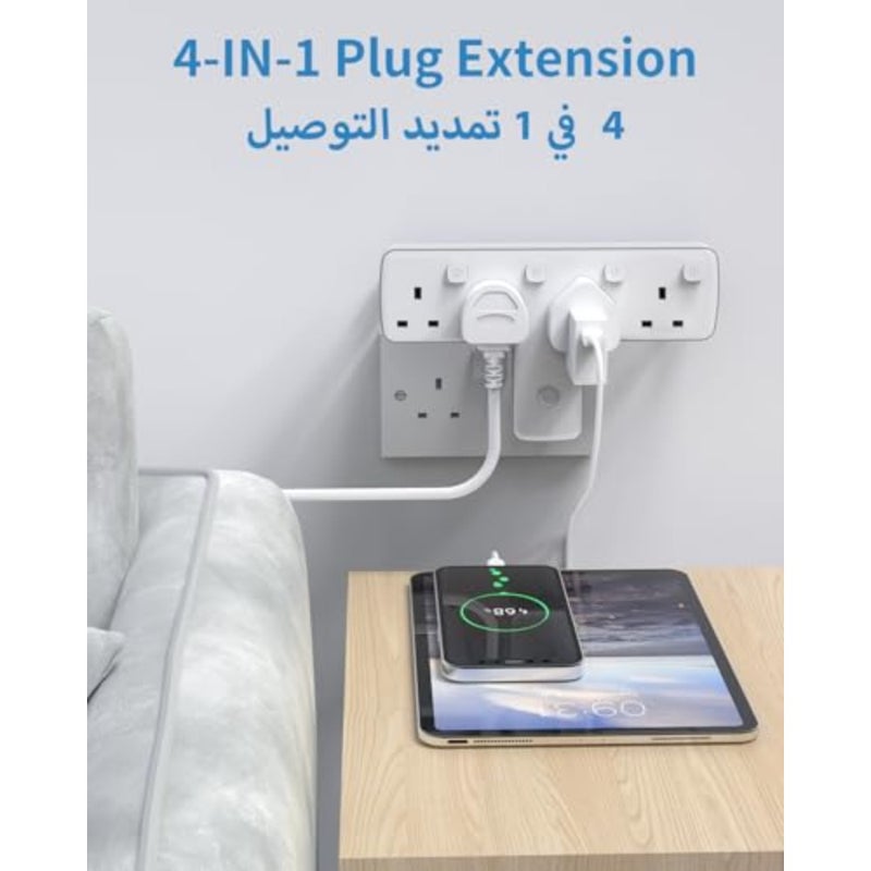 محول قابس متعدد، وصلة بأربعة اتجاهات مع مفاتيح مستقلة، واقي التيار المدمج في المملكة المتحدة، موسع مقبس الحائط 4 في 1 مع زر دوران 180 درجة - Image 3