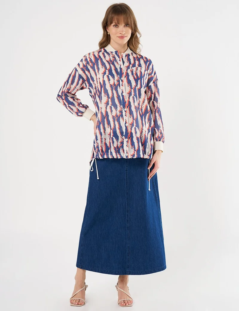 Kayra Printed College Collar Tunic Navy