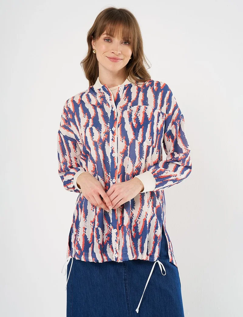 Kayra Printed College Collar Tunic Navy