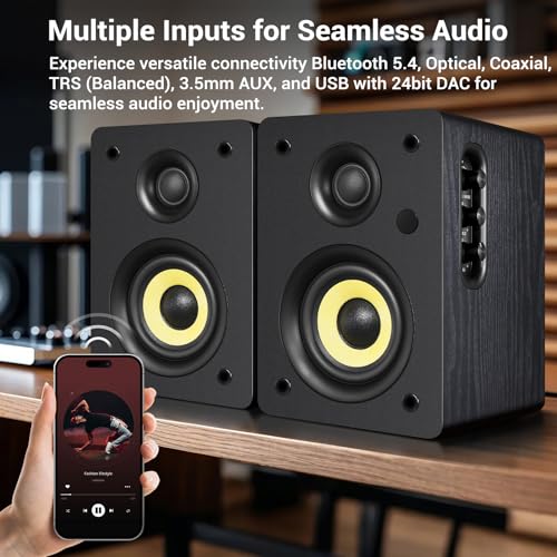 Sanyun SW206 80W Active Dual-Mode Bookshelf Speakers, 4” Studio Monitor & HiFi Mode, Upgraded 3D Sound Field, 6.35mm TRS Balanced, Bluetooth 5.4, Optical Coaxial Aux USB 24bit DAC, Black - Image 3