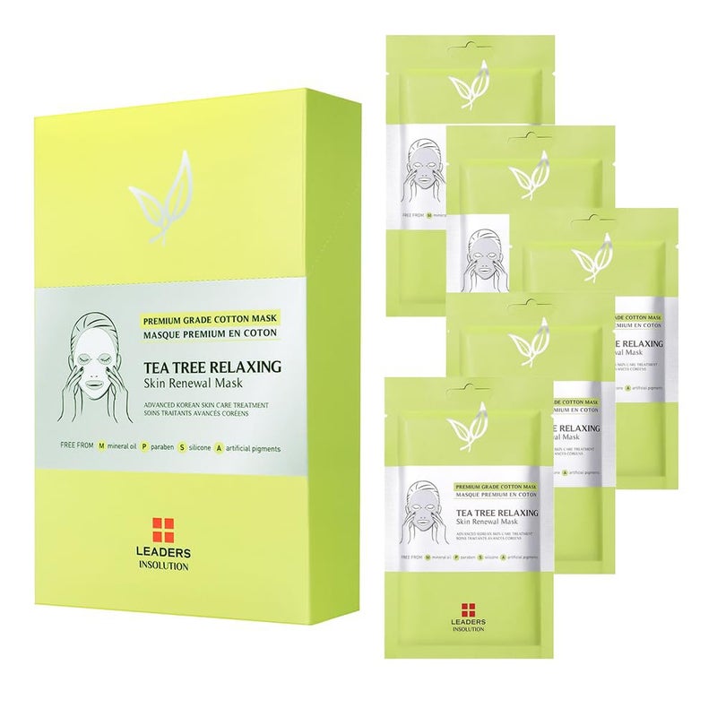 Leaders Insolution Tea Tree Relaxing Skin Renewal Mask Soothing Facial Sheet for Acne Oil Control and Sensitive Skin Hydrating Botanicals Calms Redness Smooth 5 Sheets