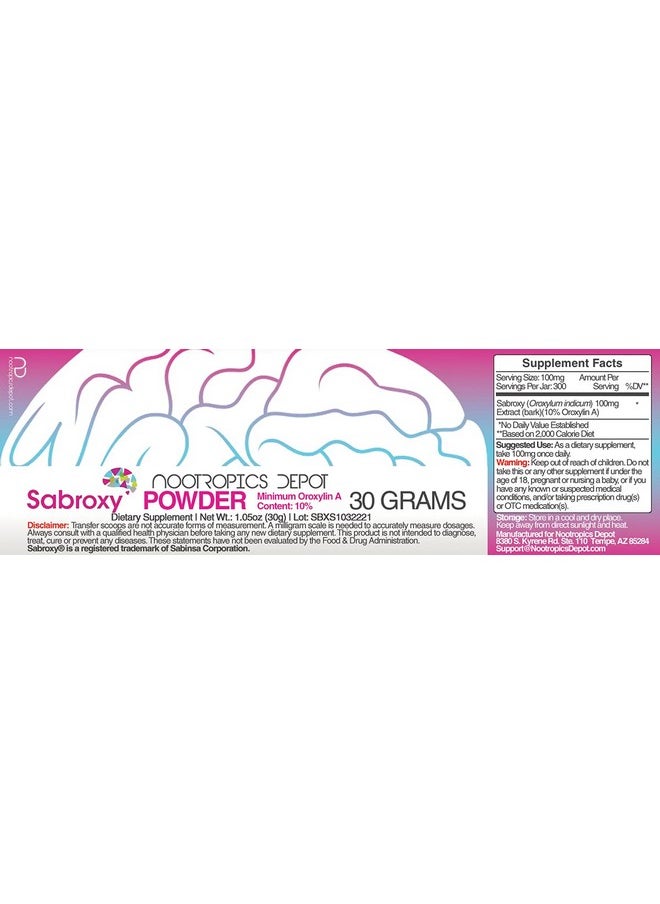 Nootropics Depot Sabroxy® Oroxylin-A Powder | 30 Grams | Minimum 10% Oroxylin-A | Oroxylum indicum | May Help Promote Focus & Motivation | May Help Promote Cognitive Function