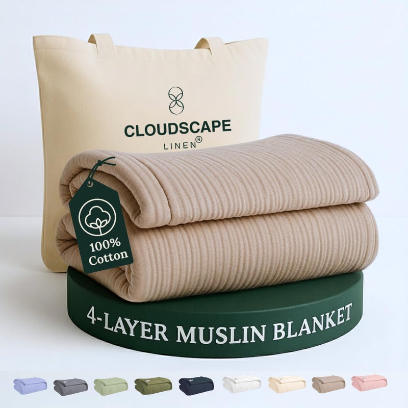Cloud Scape Linen 4 Layer Oversized Muslin Blanket King Size  100 Cotton Lightweight  Breathable All Season Blanket for Bed fits California King 92x108 Beige Fog