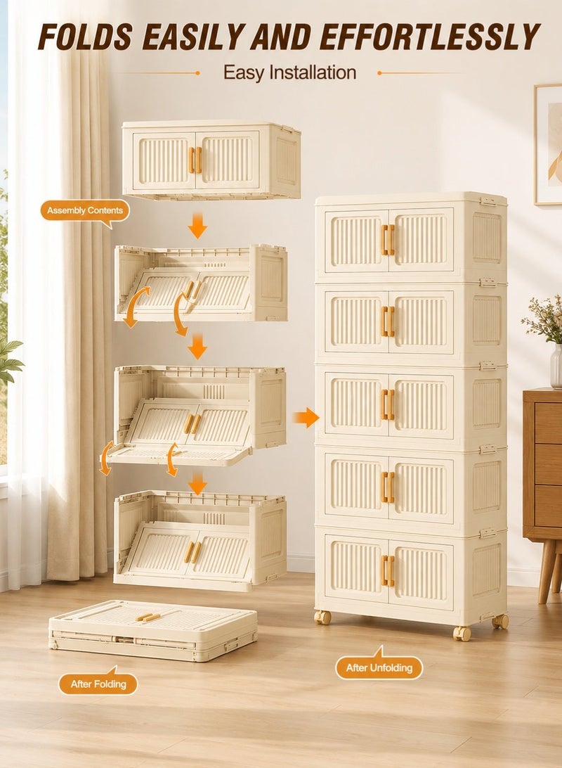rayze Folding Double Door Storage Cabinet with Wheels, Freestanding Organizer for Bedroom, Wardrobe, Toy Storage & Multi-Layer Home Storage - Image 3