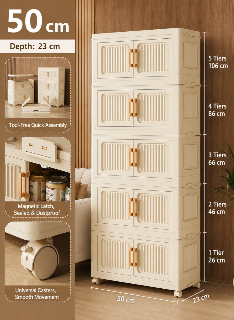 rayze Folding Double Door Storage Cabinet with Wheels, Freestanding Organizer for Bedroom, Wardrobe, Toy Storage & Multi-Layer Home Storage - Image 2