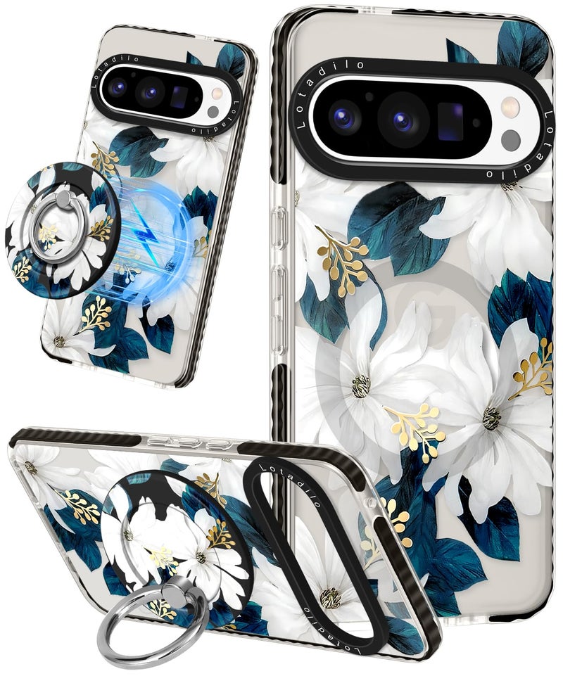 Lotadilo Cute for Google Pixel 9 Pro XL Case - Compatible with Magsafe Magnetic Ring Holder Stand Kickstand for Women Girls Girly Funny Fashion TPU Phone Case, Blue Flower - Image 1