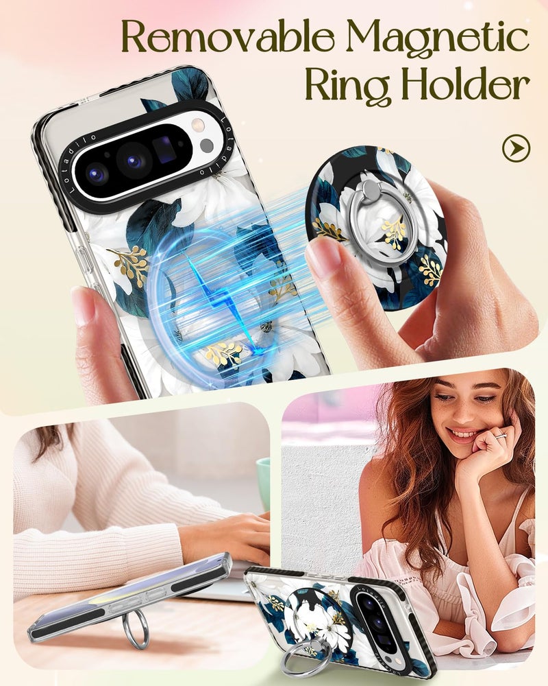 Lotadilo Cute for Google Pixel 9 Pro XL Case - Compatible with Magsafe Magnetic Ring Holder Stand Kickstand for Women Girls Girly Funny Fashion TPU Phone Case, Blue Flower - Image 4