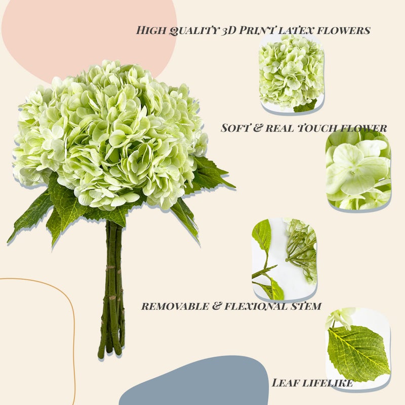 Yatim 21In Light Green Artificial Hydrangea Flowers 5 Pcs Real Touch 3D Print Latex Flowers for Wedding Centerpieces Bouquets DIY Floral Decor Home Decoration with Stems - Image 3