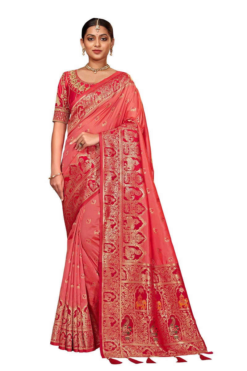 MANOHARI Women's Pink Banarasi Silk Woven Saree with Unstitch Blouse Piece_MN1378 - Image 1