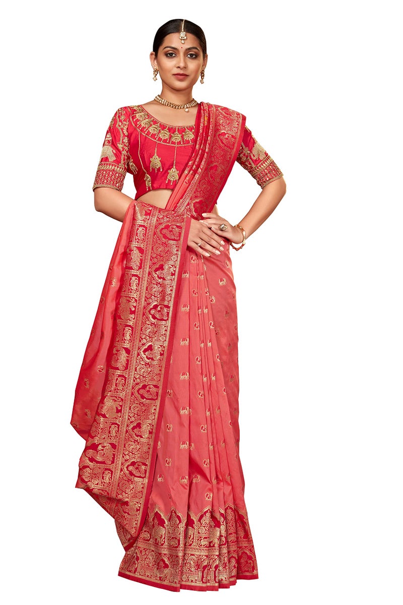 MANOHARI Women's Pink Banarasi Silk Woven Saree with Unstitch Blouse Piece_MN1378 - Image 5