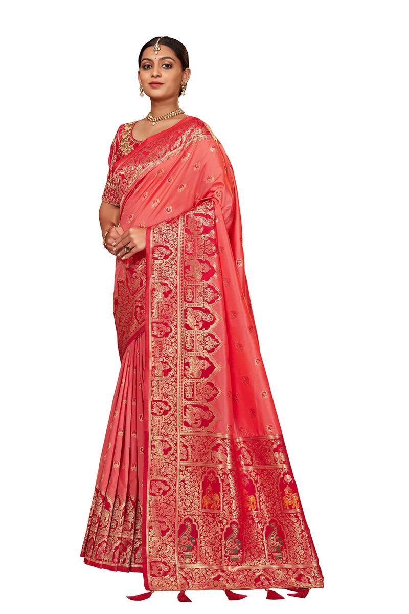 MANOHARI Women's Pink Banarasi Silk Woven Saree with Unstitch Blouse Piece_MN1378 - Image 2