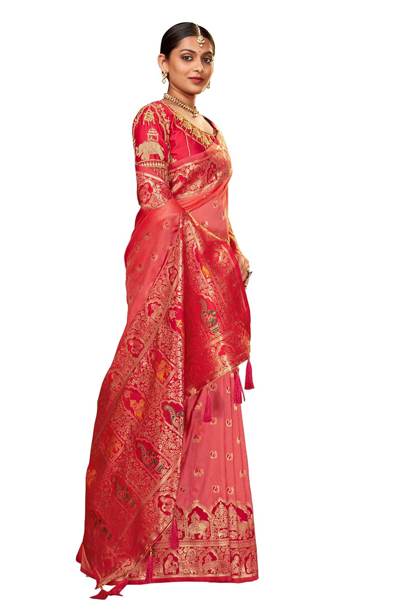 MANOHARI Women's Pink Banarasi Silk Woven Saree with Unstitch Blouse Piece_MN1378 - Image 4