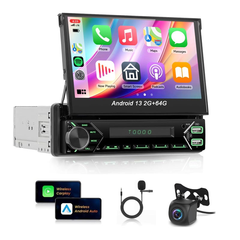 Android 13 2G 64G Single Din Car Stereo with Wireless Carplay Android Auto Manual 7 Inch Flip Out Touchscreen Car Radio 50 Bluetooth MirrorLink Backup CameraUSBAUX TypeCRDSFMWiFiEQ