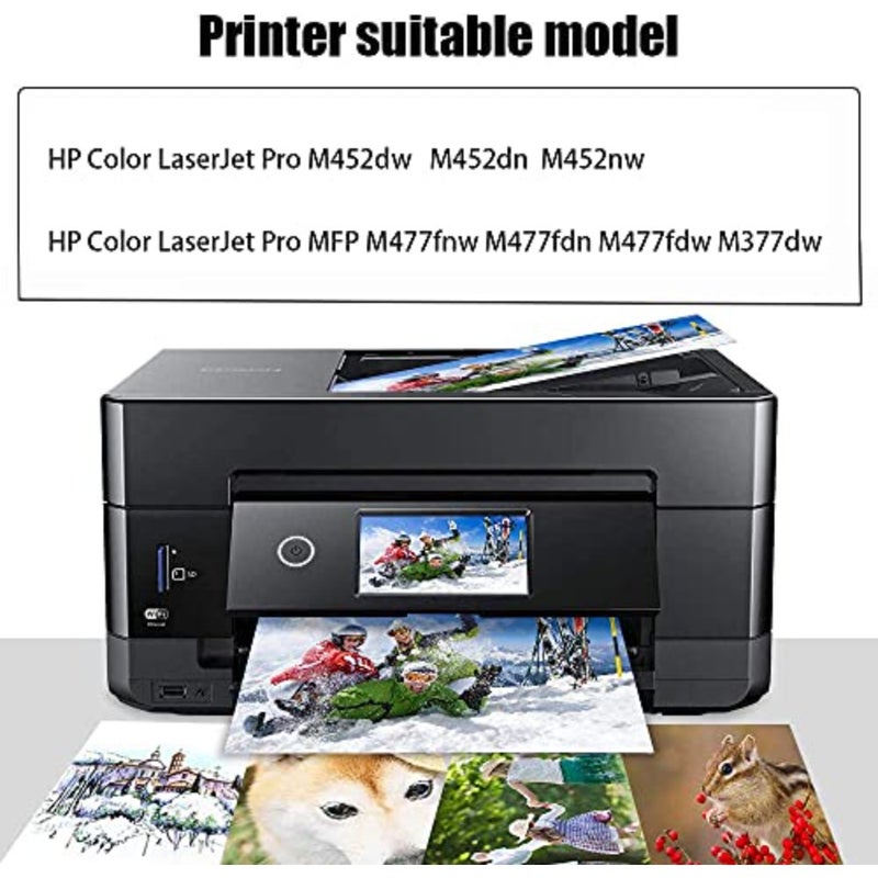 مجموعة خراطيش الحبر المتوافقة مع الطابعة HP Laserjet Pro M452dw/M452nw/M452dn/M377dw/M477fdw/M477fnw/M477fdn، غلاف بلاستيكي، أسود/أرجواني/سماوي/أصفر، إنتاجية عالية وأداء موثوق به - Image 2