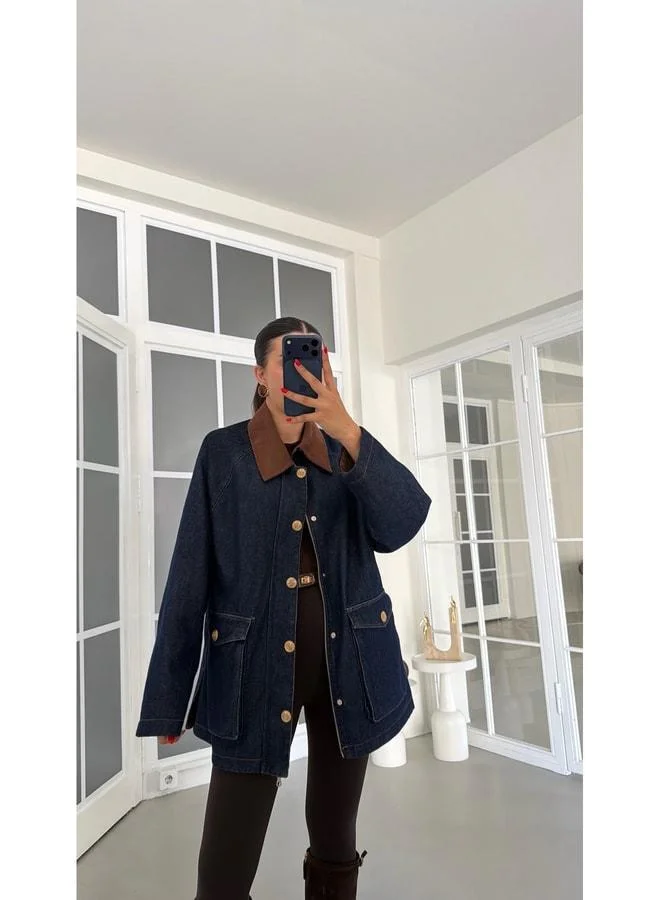 Gaus  Navy velvet‑collar checked lined denim premium jacket GAUS‑01888. for Women | Best Price UAE
