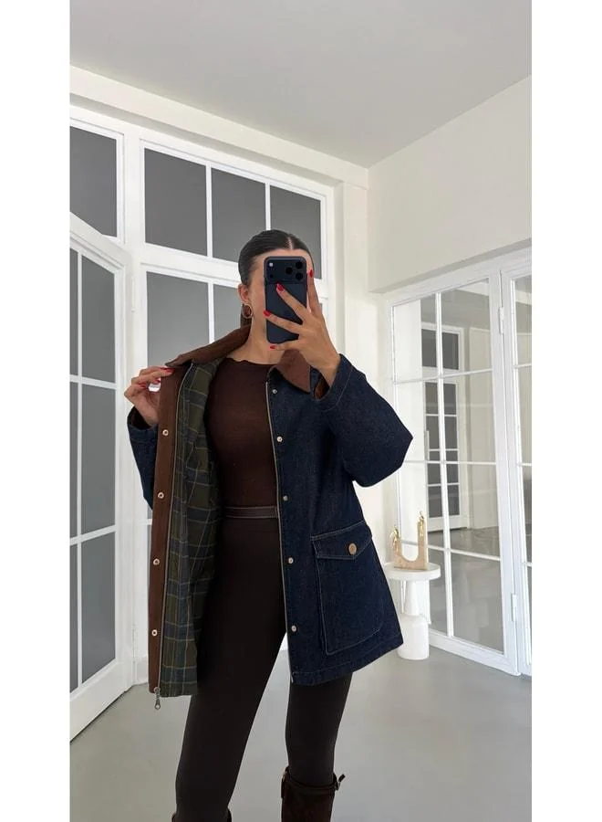 Gaus Navy velvet‑collar checked lined denim premium jacket GAUS‑01888.