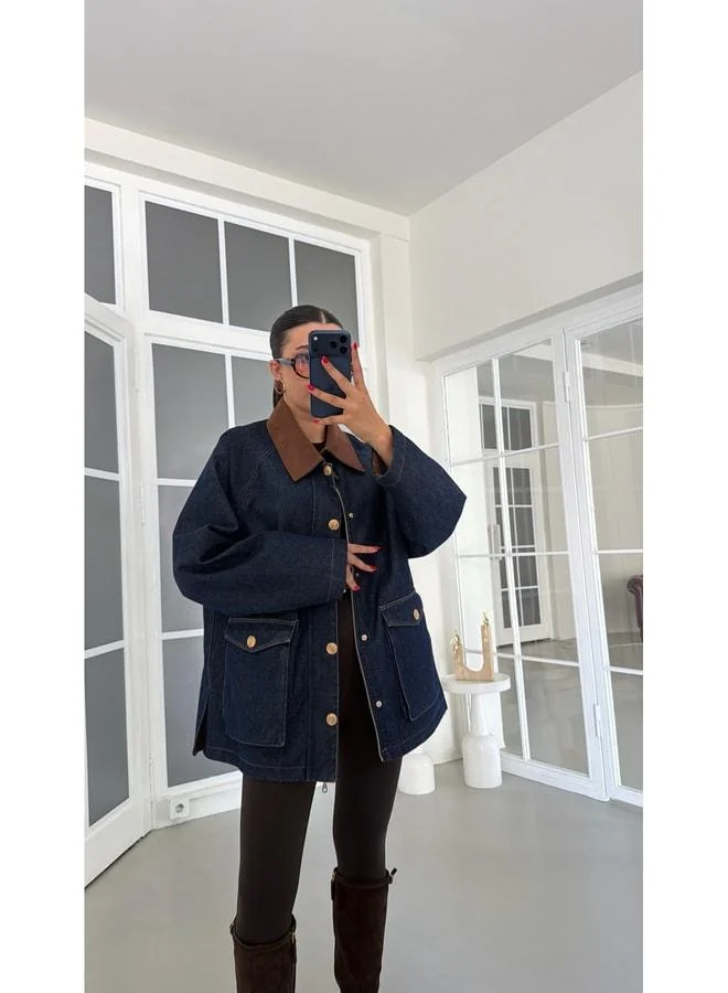 Gaus Navy velvet‑collar checked lined denim premium jacket GAUS‑01888.