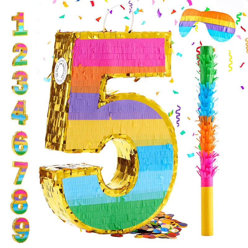 MUWOOB Rainbow Number 5 Pinata for 5th Birthday Party Decorations Birthday Pinata with Stick Blindfold and Confetti Kids Anniversary Celebration Fiesta Small 165 x 115 x 3 In - Image 2