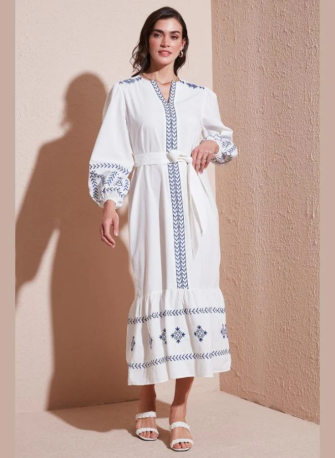 ليلا فستان طويل مطرز بأكمام بالون من قطن ليلا للنساء